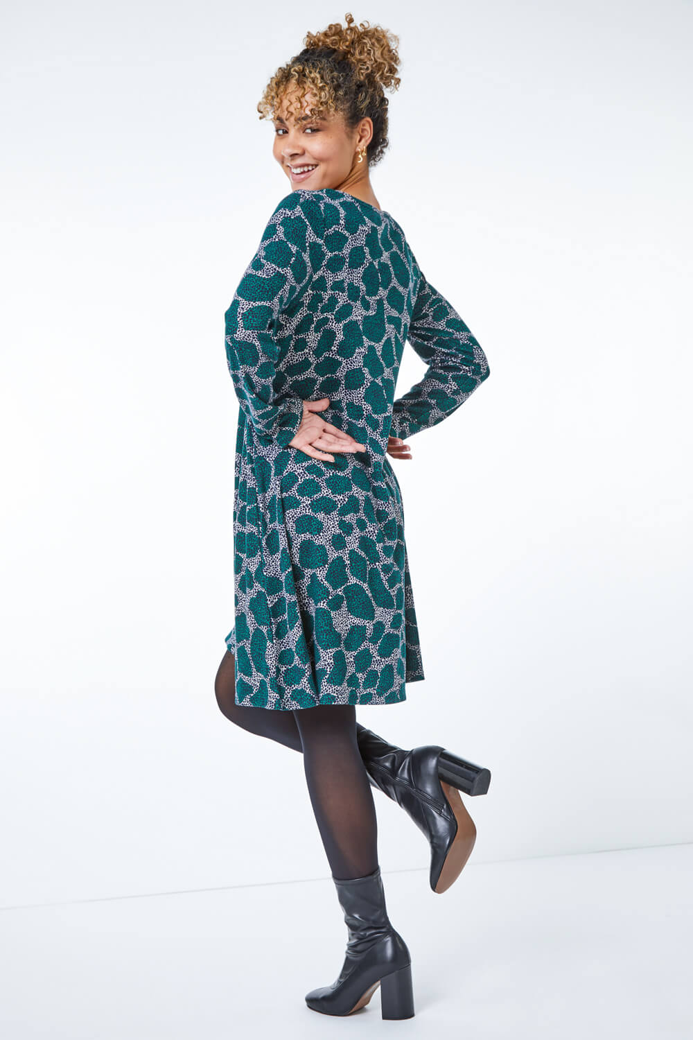 Teal Petite Leopard Print Mini Swing Dress, Image 3 of 5