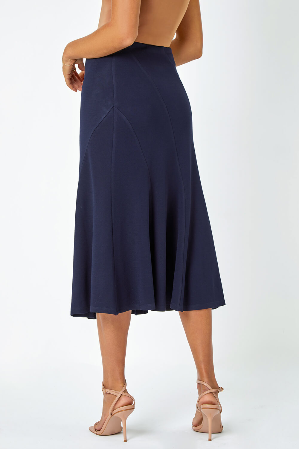 Midnight Blue Panelled Flared Midi Stretch Skirt , Image 3 of 5