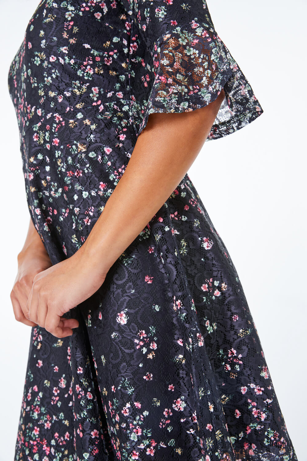 Black Petite Flute Sleeve Floral Lace Dress , Image 5 of 5