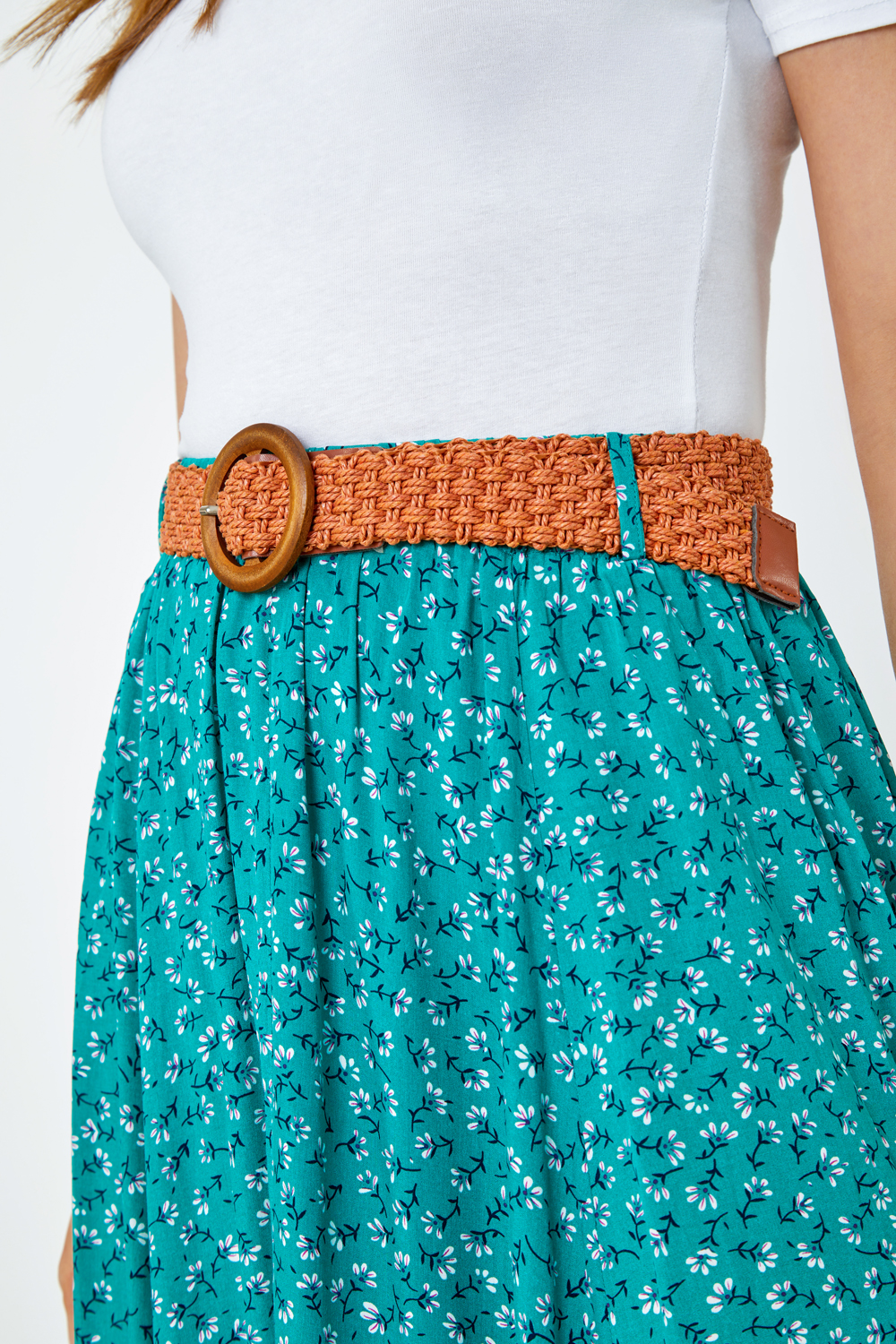 Green Ditsy Floral Print Belted Midi Skirt, Image 3 of 5