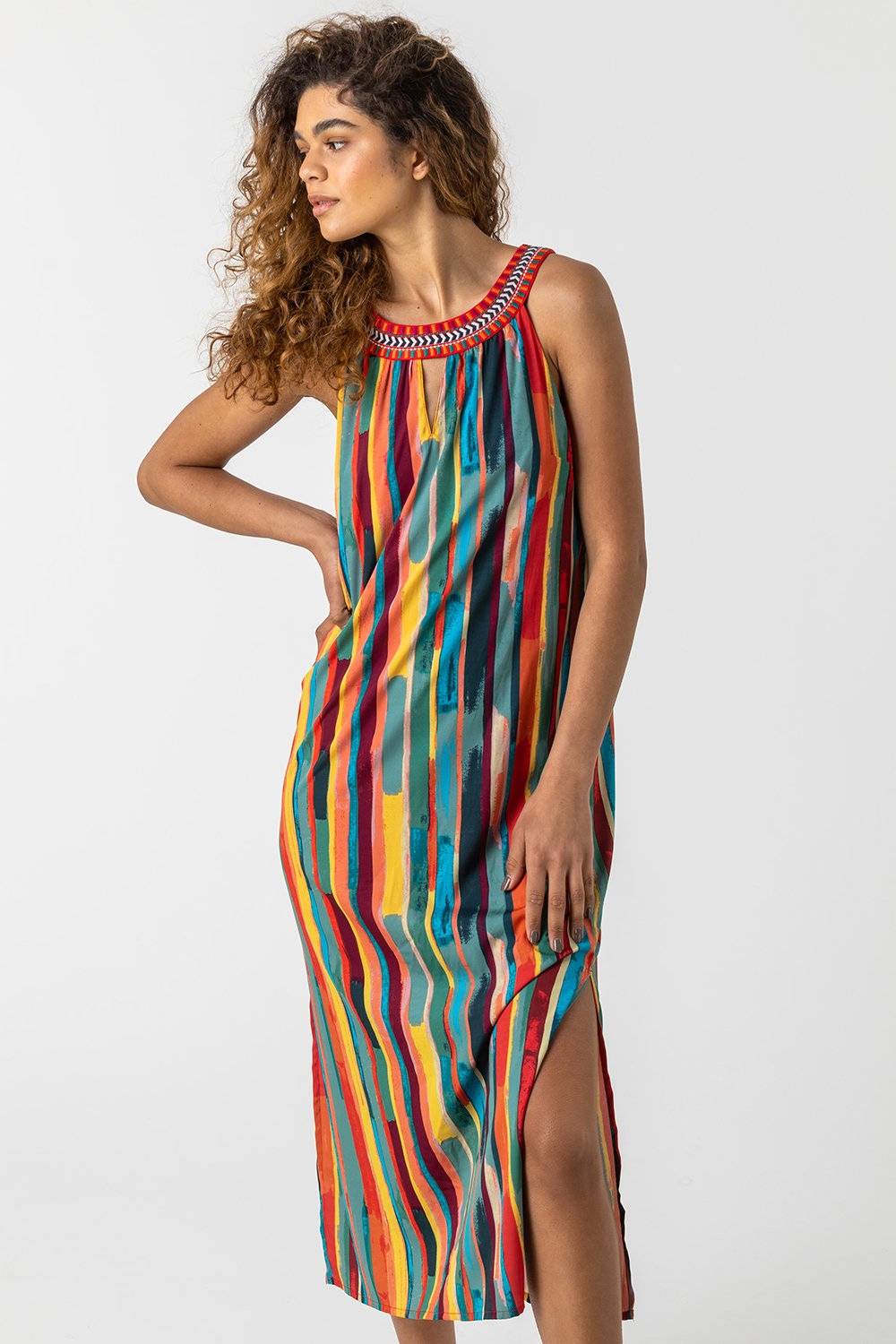 Stripe Print Embroidered Maxi Dress