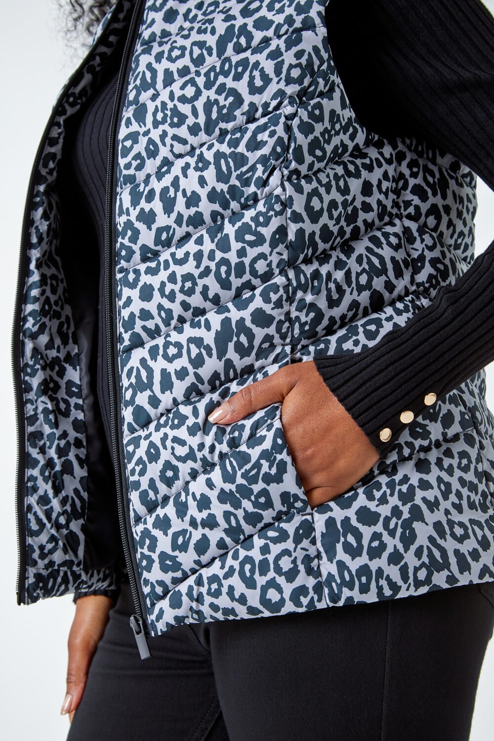 Black Petite Animal Print Quilted Gilet, Image 5 of 5