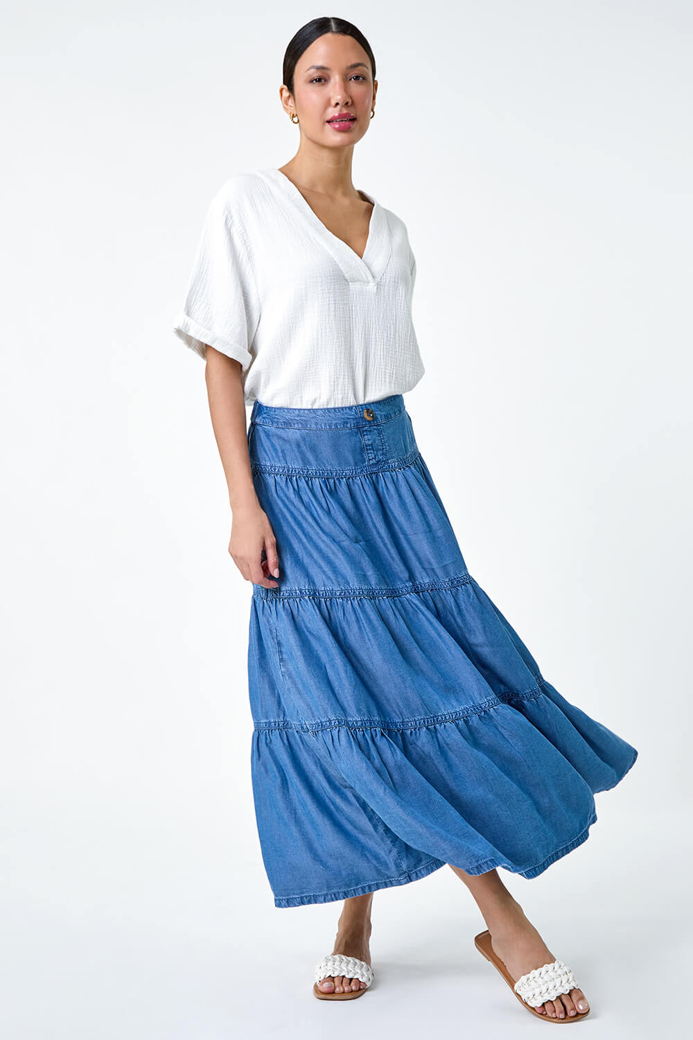 Dark Blue Denim Wash Tiered Maxi Skirt, Image 2 of 5