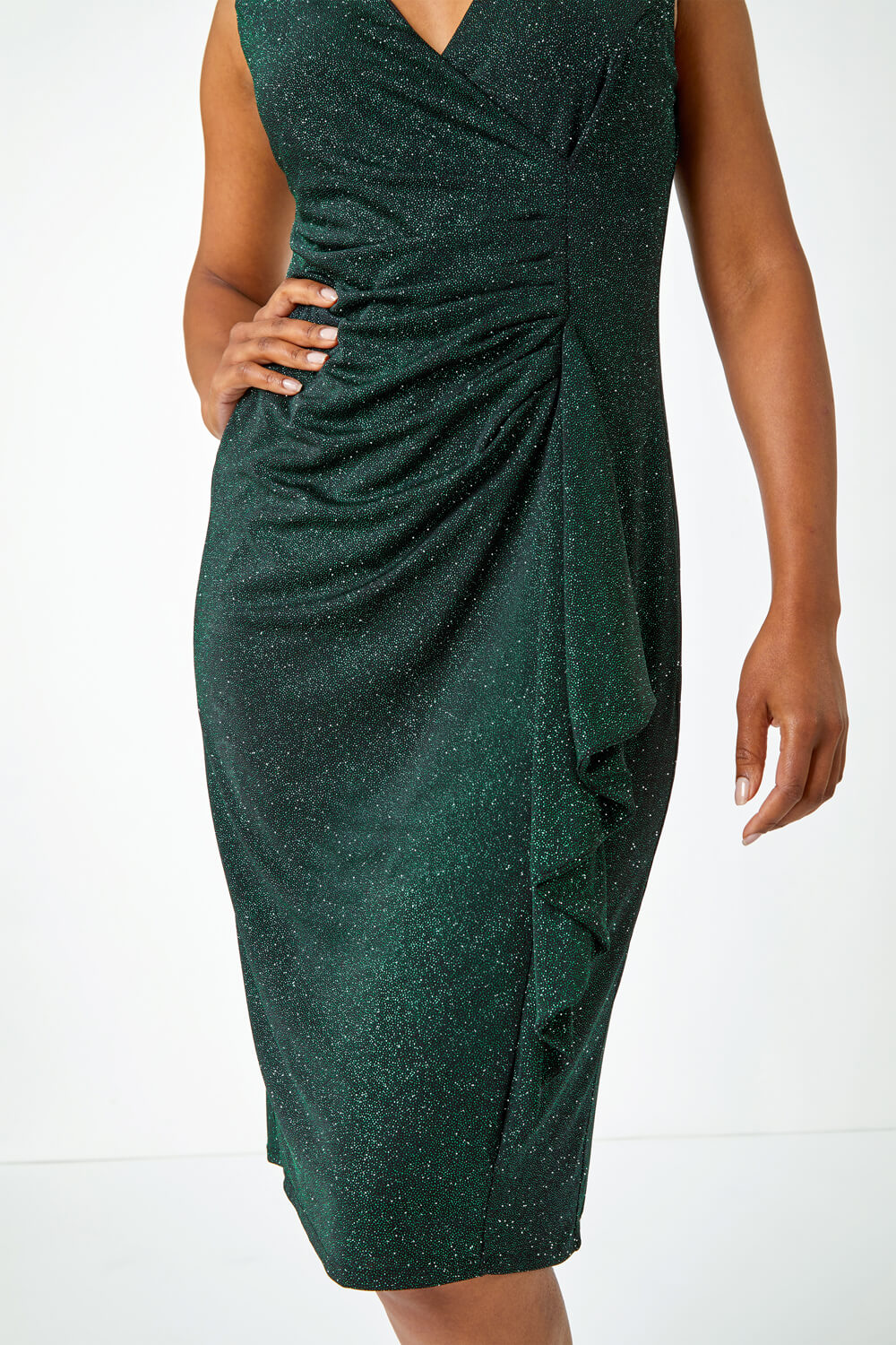 Green Petite Ruched Waterfall Stretch Dress, Image 5 of 5