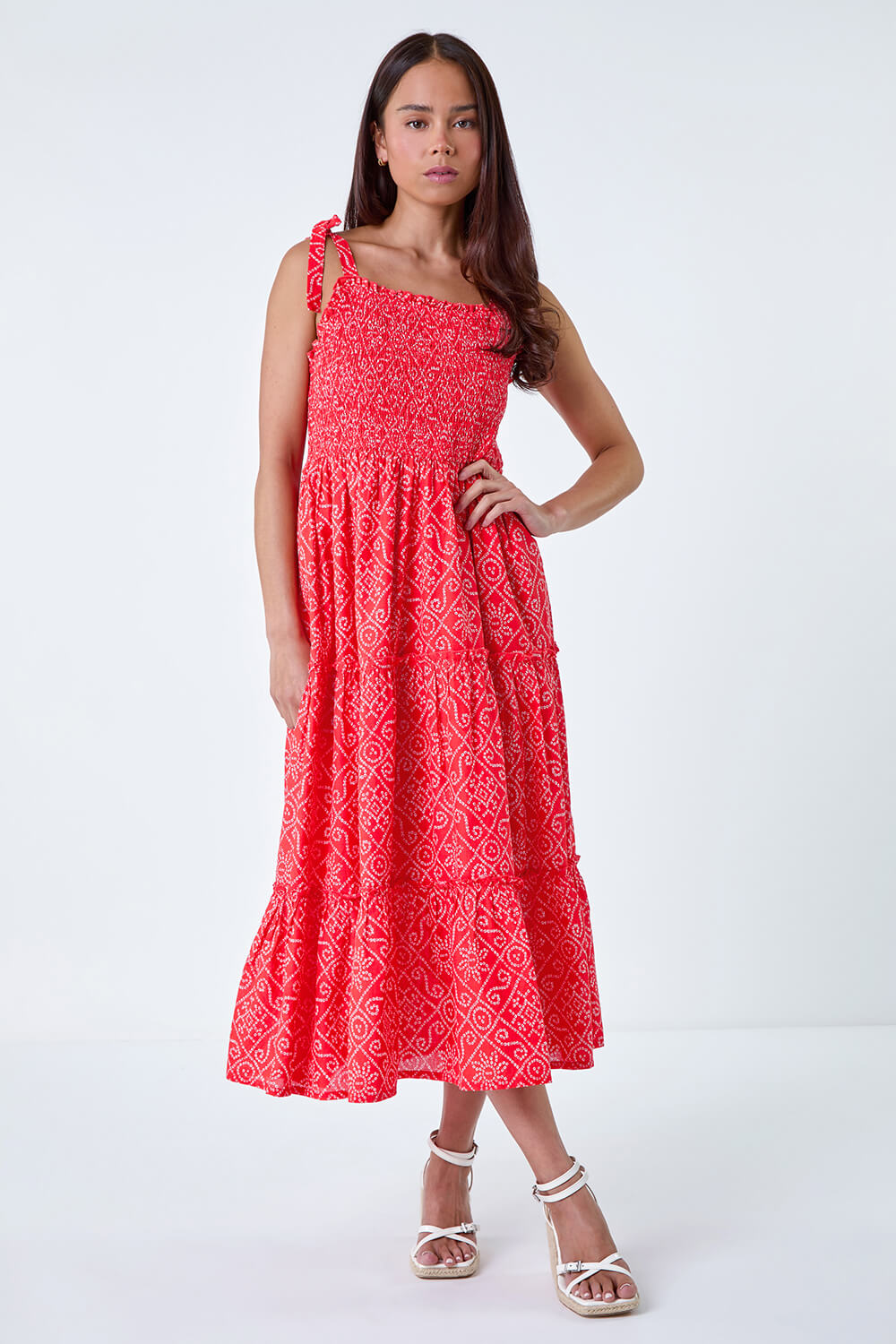CORAL Petite Cotton Broderie Shirred Maxi Dress, Image 2 of 5