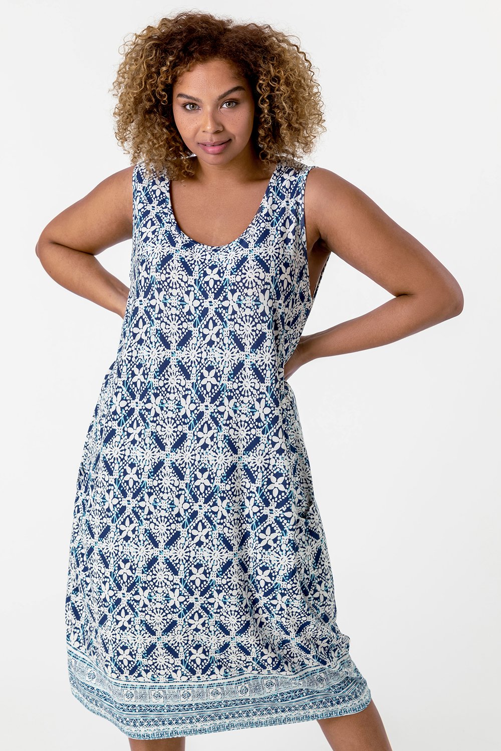 Blue Curve Geo Stretch Cocoon Dress, Image 3 of 5