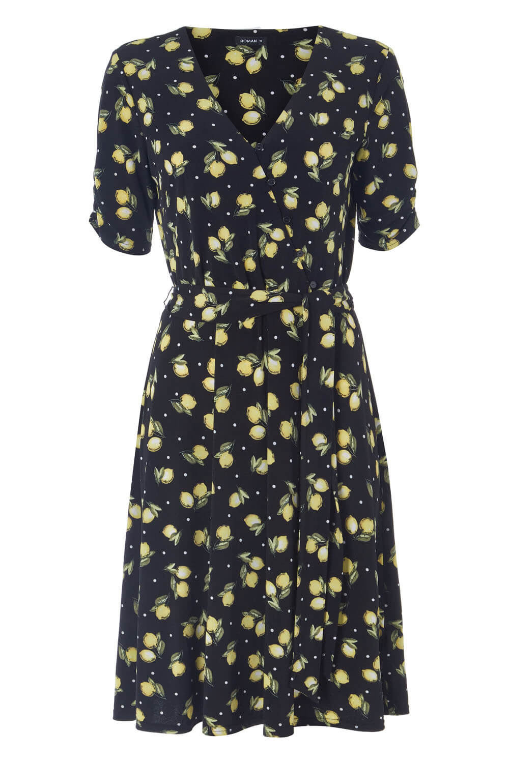 Black Lemon Print Wrap Dress, Image 5 of 5