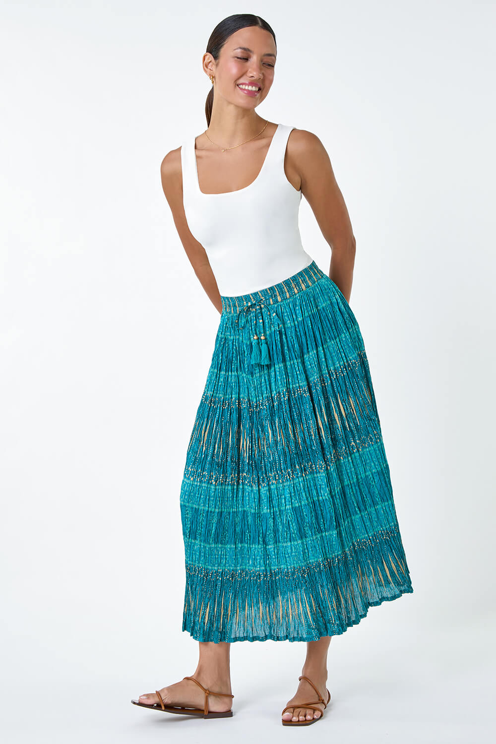 Aqua Crinkle Cotton Metallic Foil Midi Skirt, Image 2 of 5