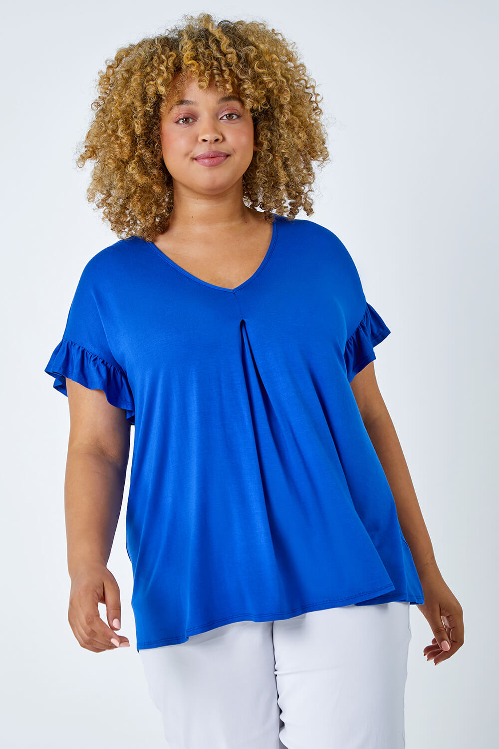 Royal Blue Curve Frill Sleeve Top, Image 4 of 5