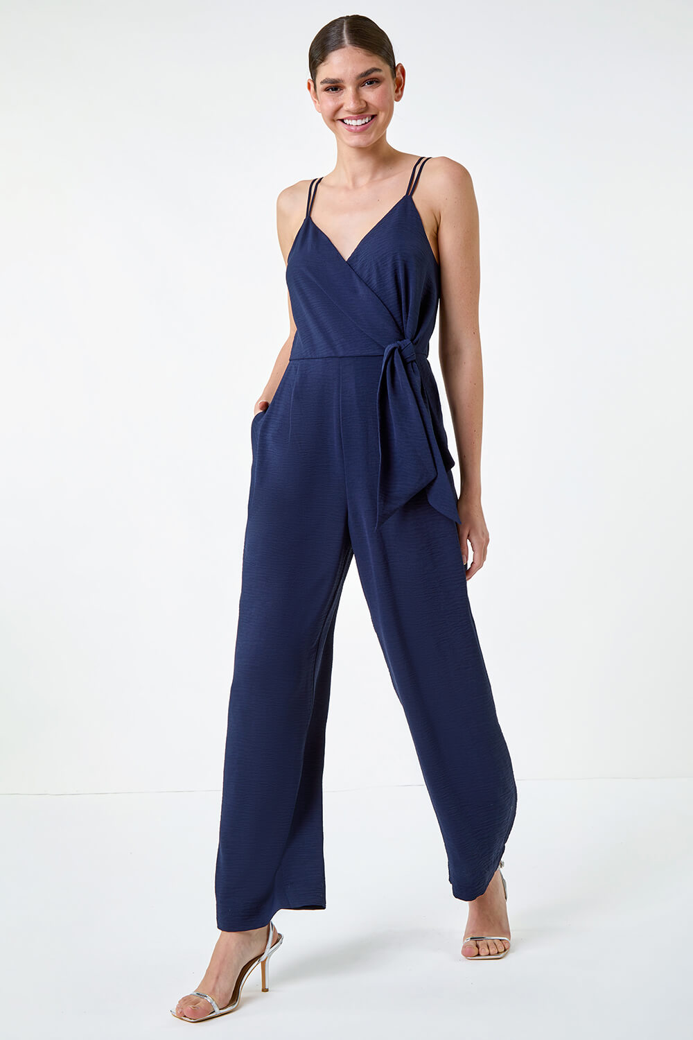 Navy Tie Waist Pocket Detail Wrap Jumpsuit | Roman UK