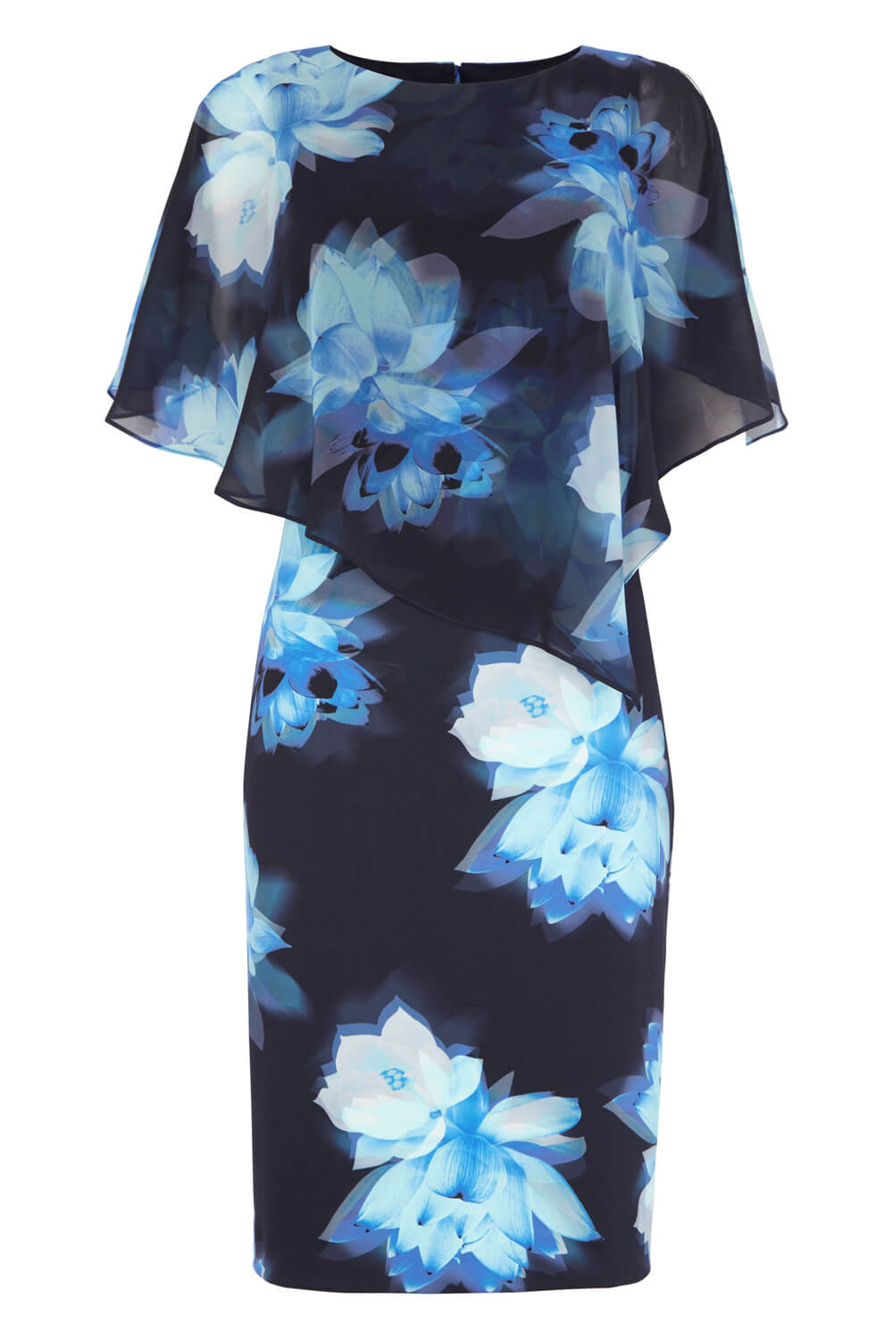 Blue Chiffon Layer Floral Print Scuba Dress, Image 5 of 5