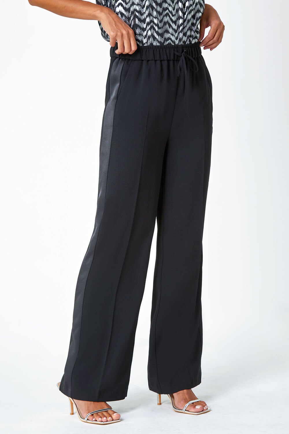 Black Satin Stripe Stretch Wide Leg Trousers, Image 4 of 5