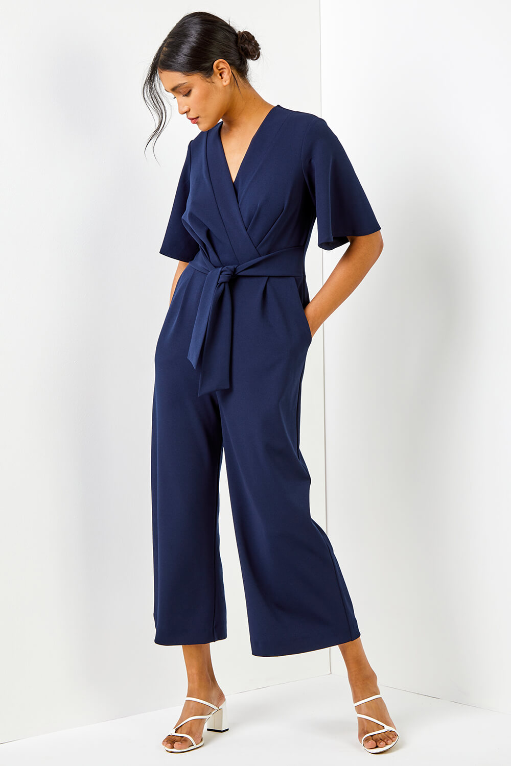 Navy  Angel Sleeve Cropped Wrap Jumpsuit, Image 3 of 5