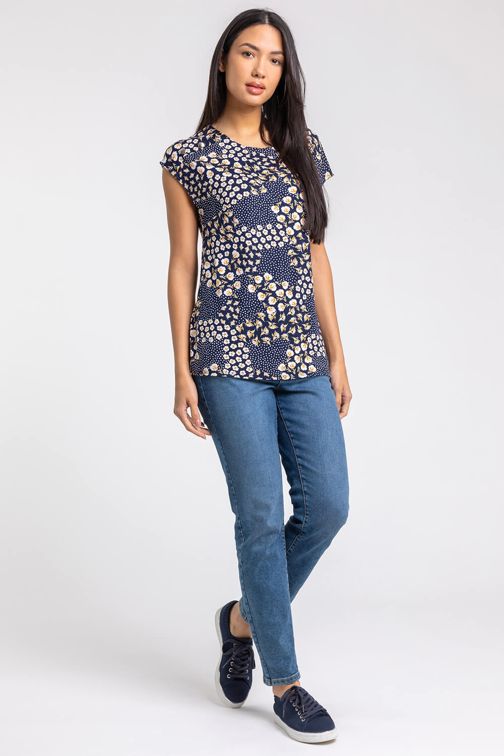 Navy  Floral Tile Print Button Detail Top, Image 3 of 4