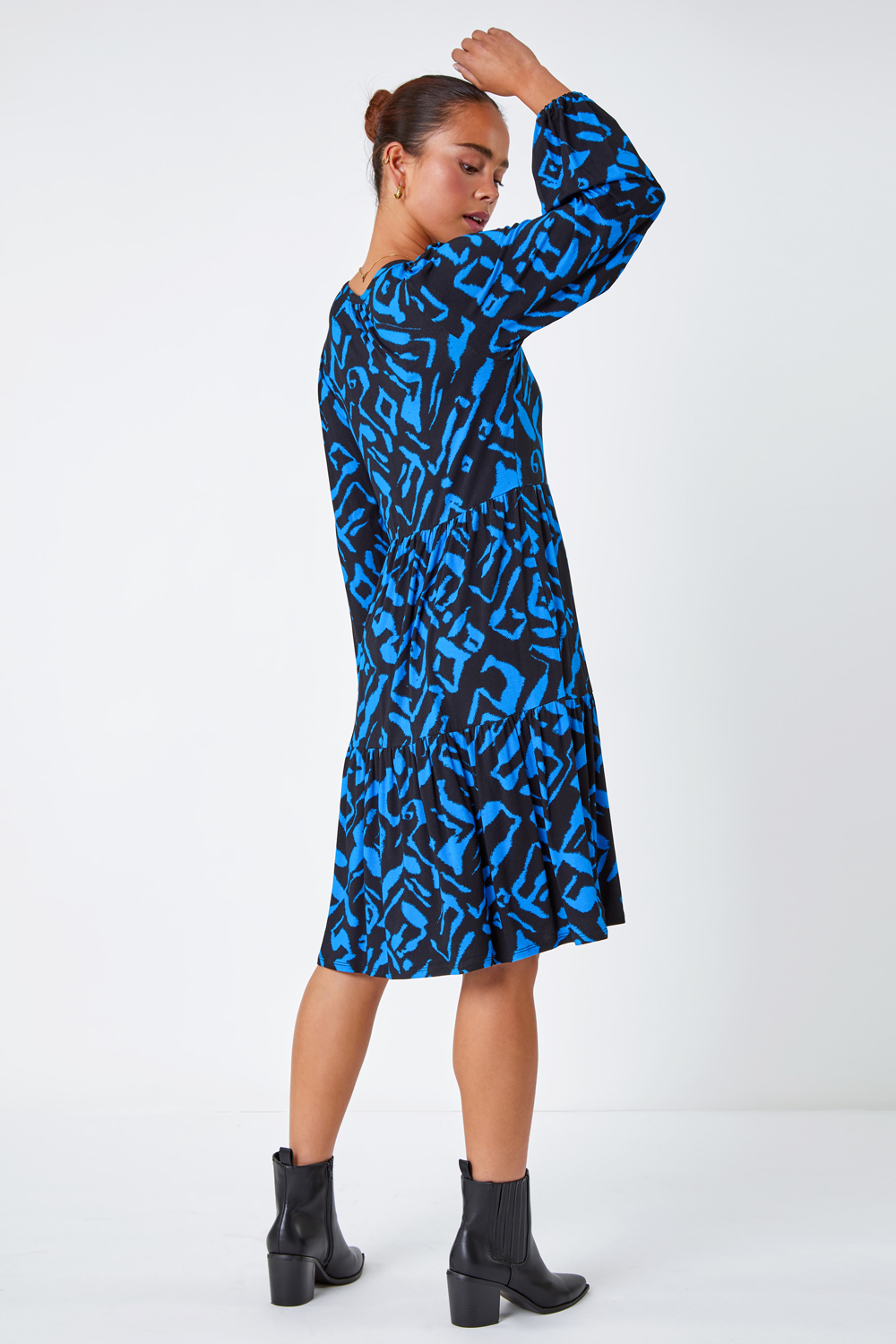 Blue Petite Abstract Print Tiered Stretch Dress, Image 3 of 5