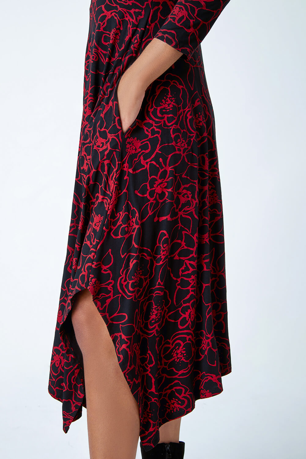 Red Floral Print Pocket Midi Stretch Dress, Image 5 of 5