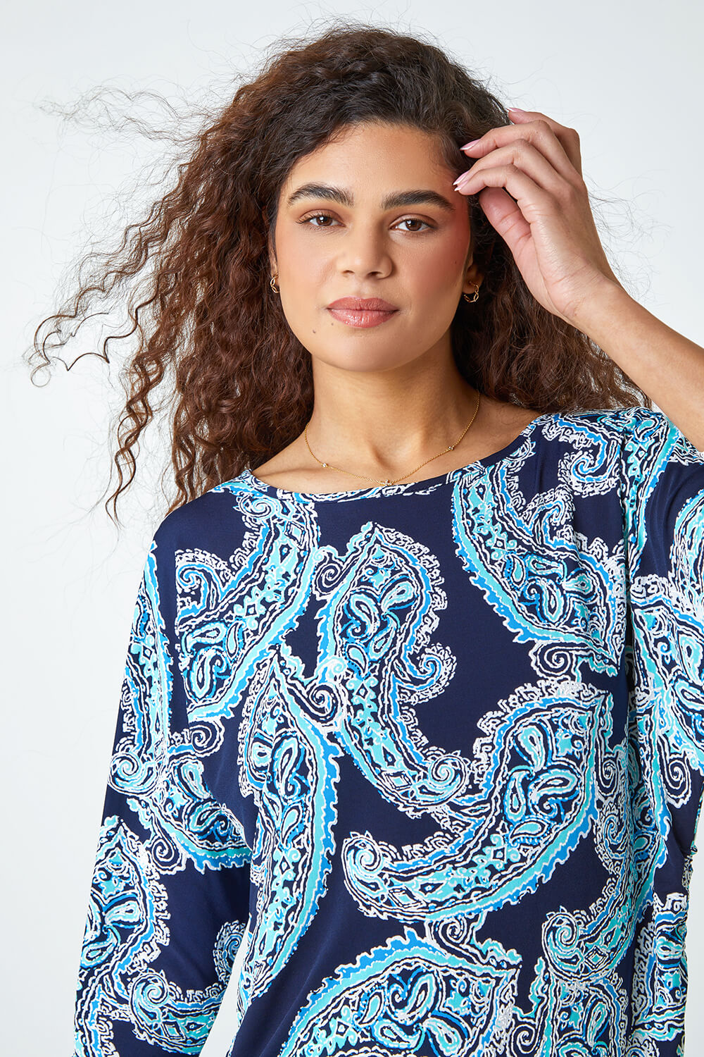 Blue Textured Paisley Print Stretch Top, Image 4 of 5
