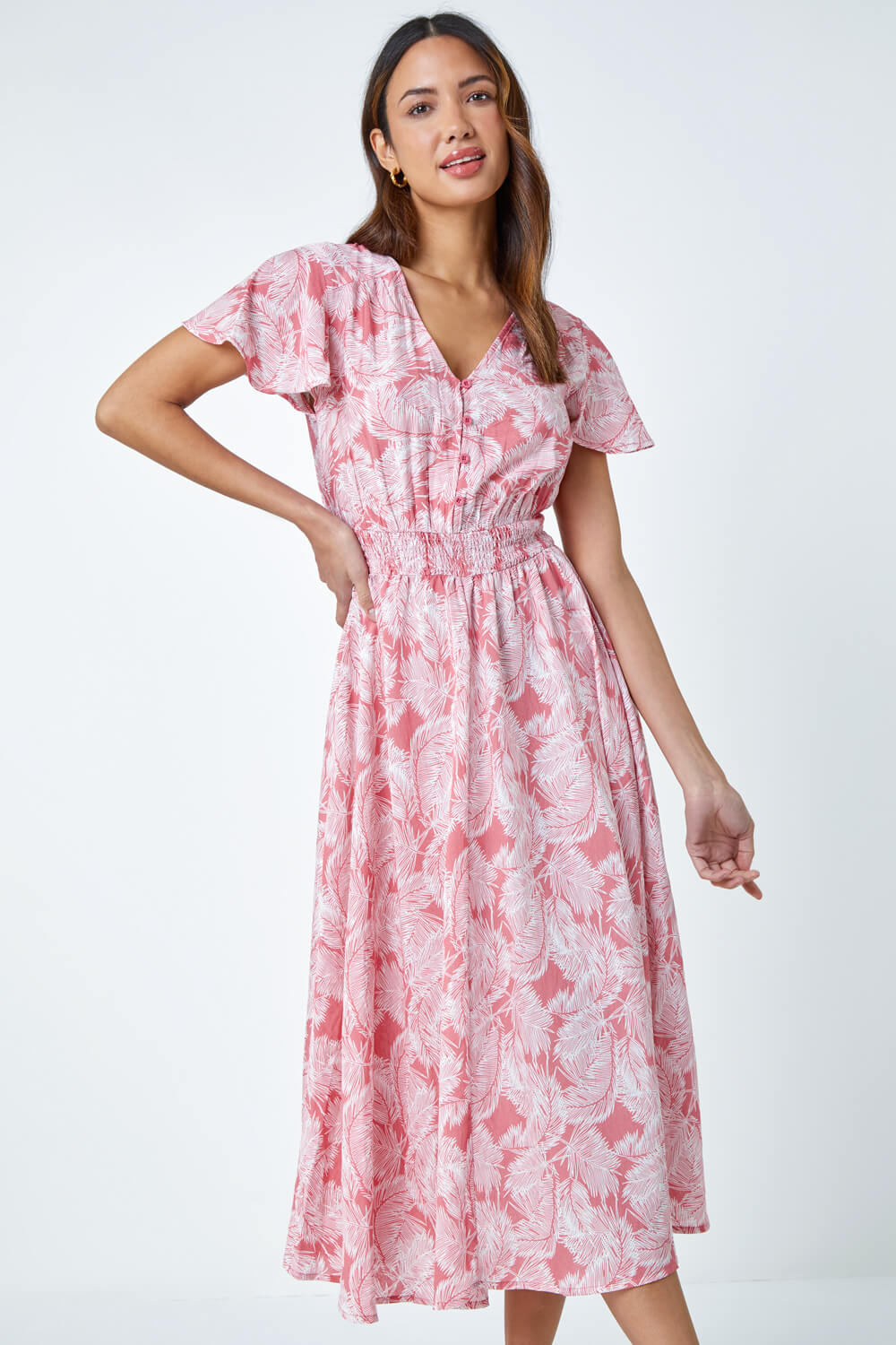CORAL Palm Print Tiered Midi Dress, Image 2 of 5