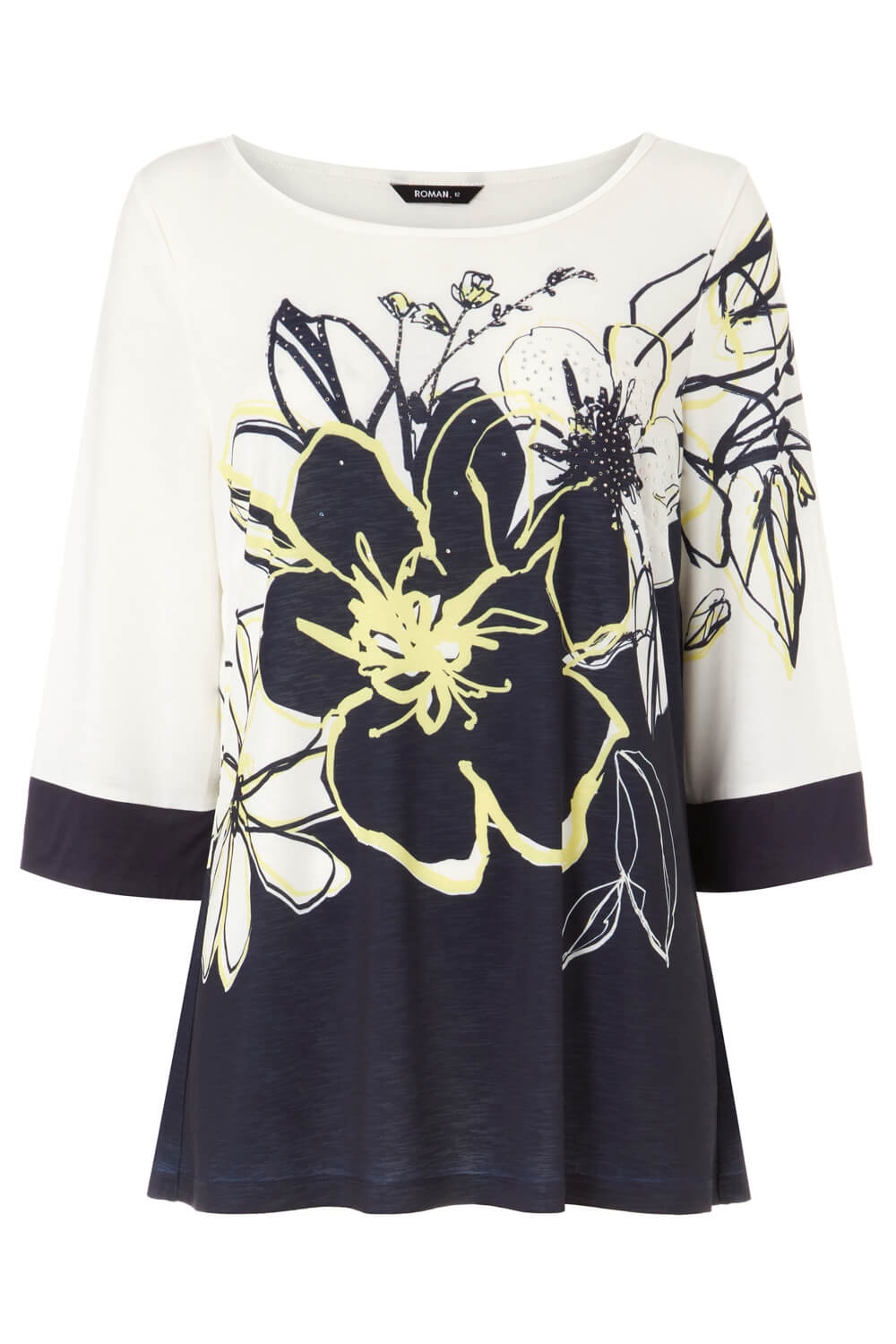 Navy  Floral Print Contrast Top, Image 5 of 5
