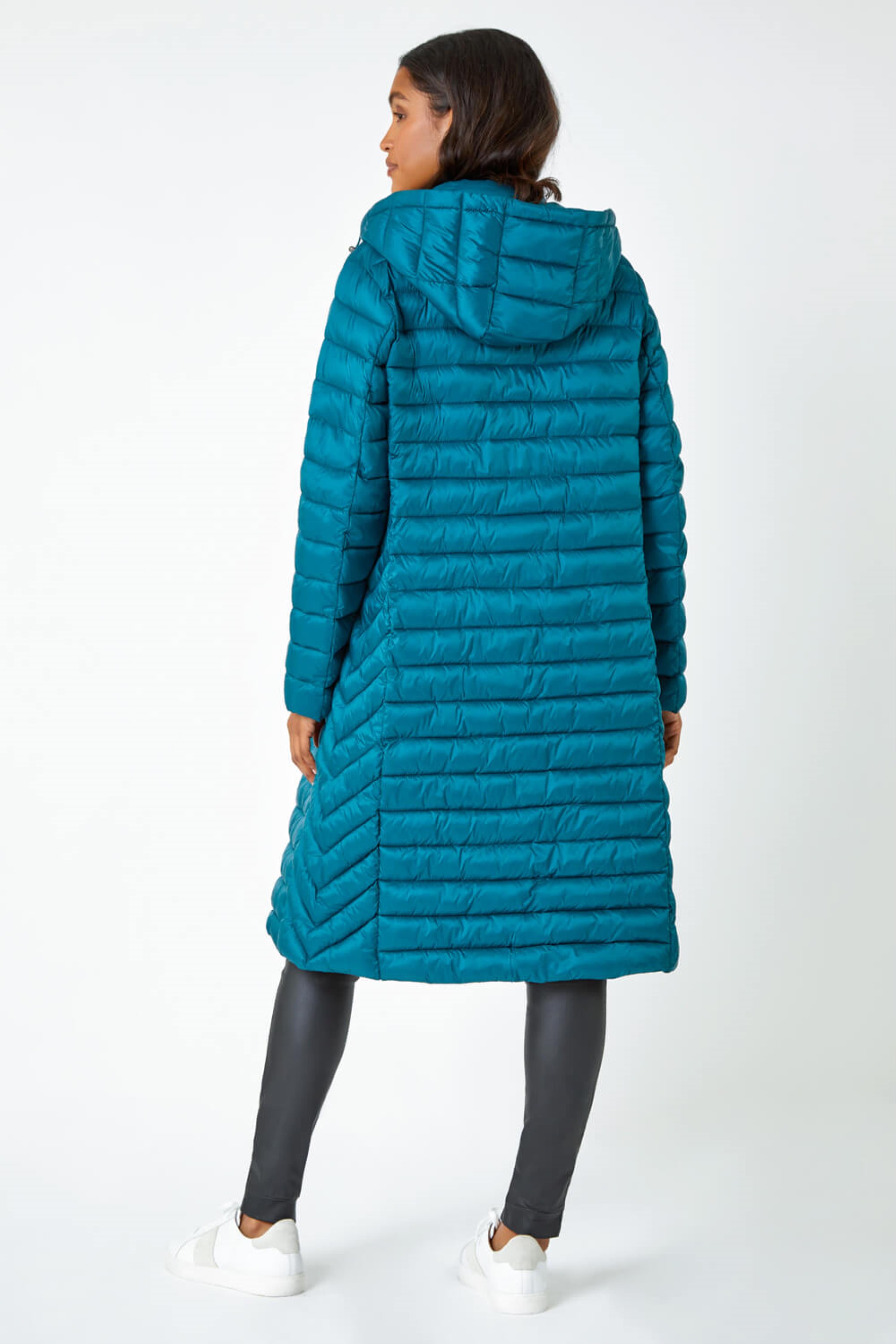 Teal Longline Hooded Padded Coat, Image 3 of 5