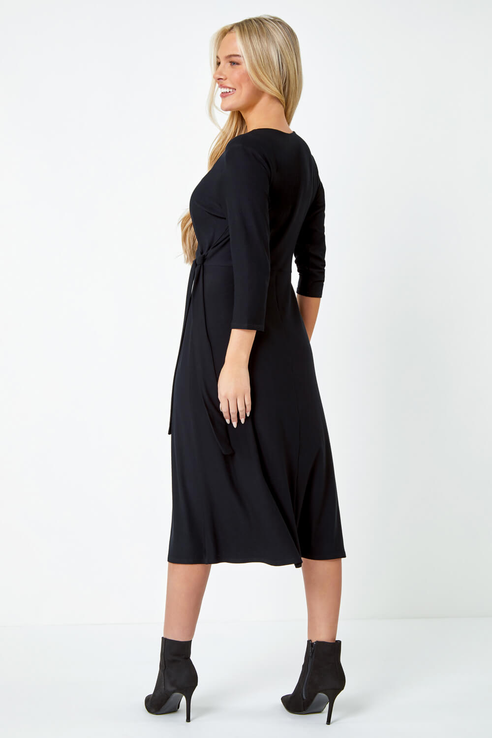 Black Petite Plain Stretch Wrap Midi Dress, Image 3 of 5