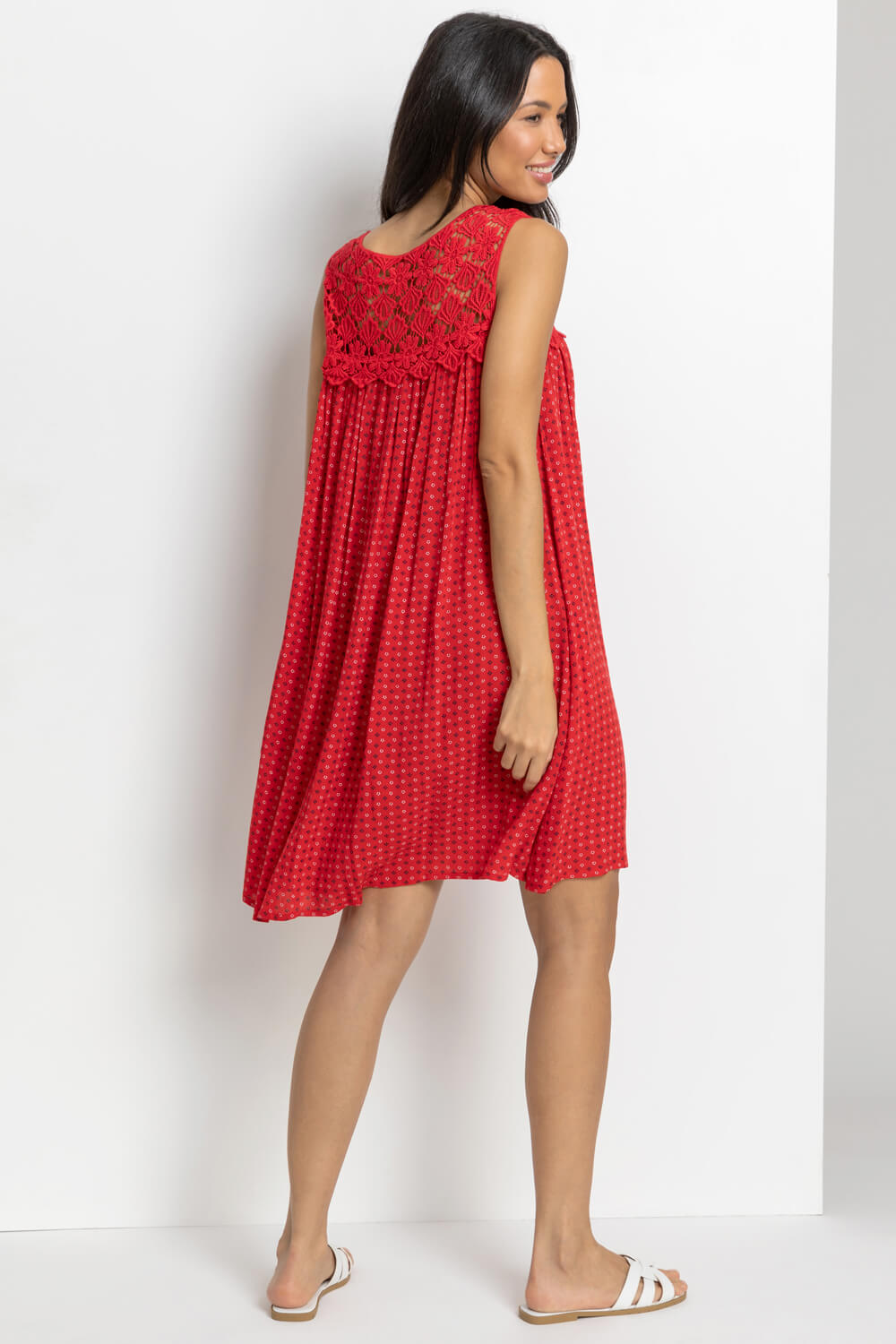 Red Ditsy Print Lace Yoke Swing Dress, Image 3 of 6
