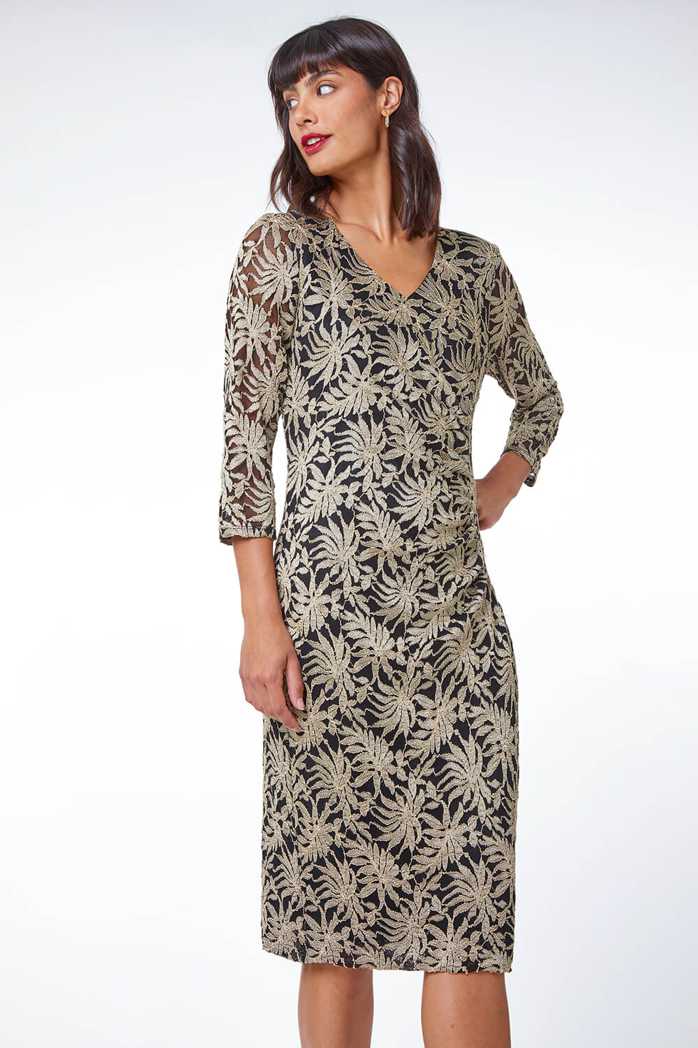 Palm Print Ruched Lace Dress in Gold - Roman Originals UK