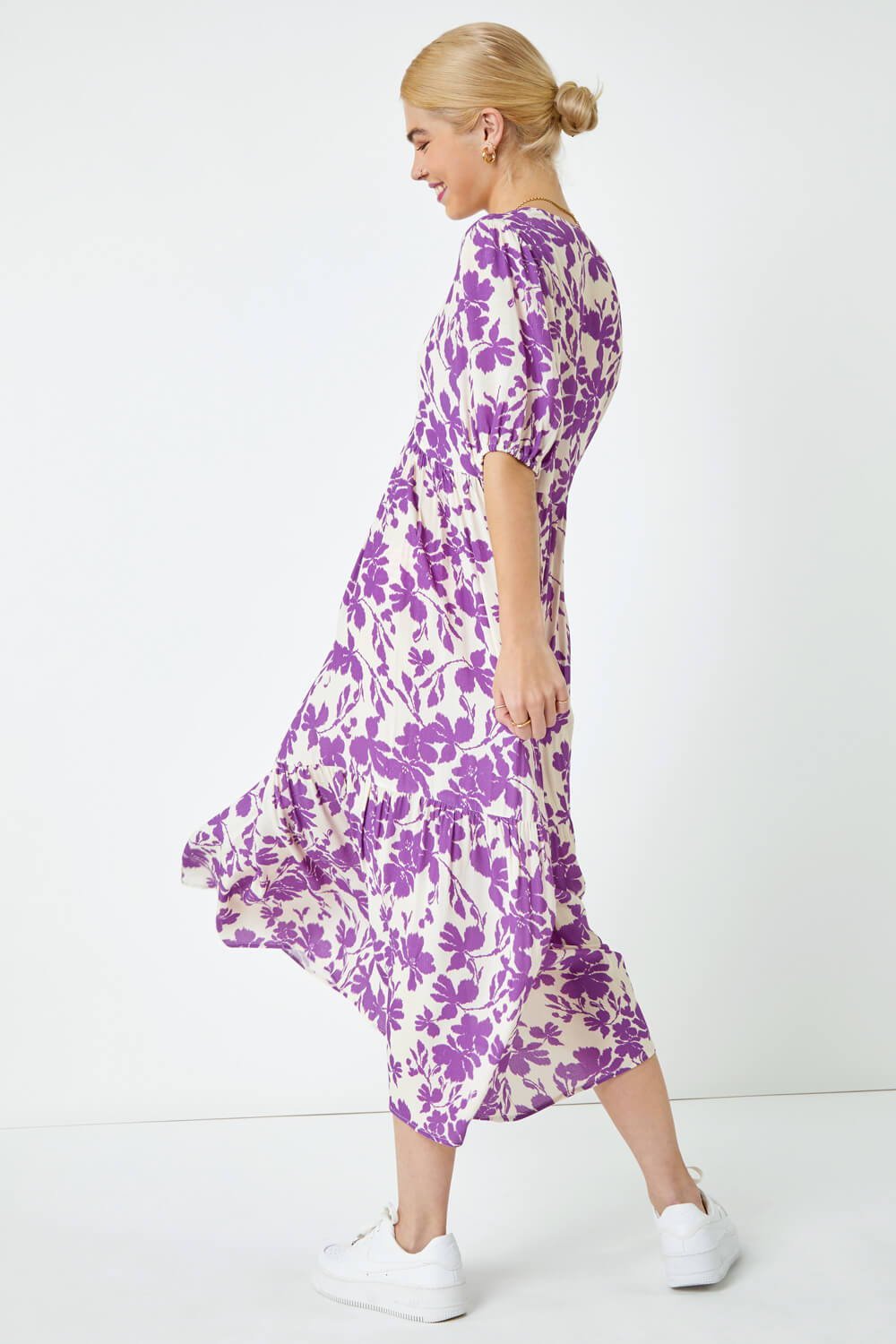 Lavender Floral Tiered Midi Smock Dress, Image 3 of 5