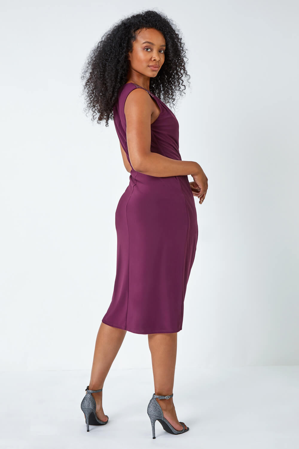 Plum Petite Embellished Ruched Stretch Dress, Image 3 of 5