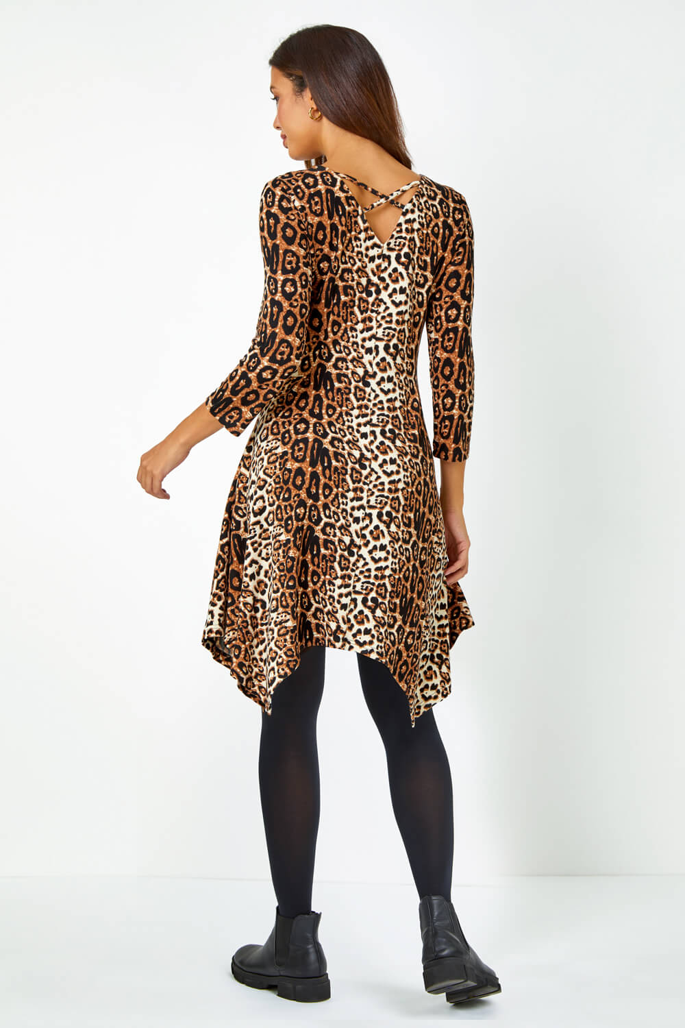 Beige Leopard Print Swing Stretch Dress, Image 3 of 5