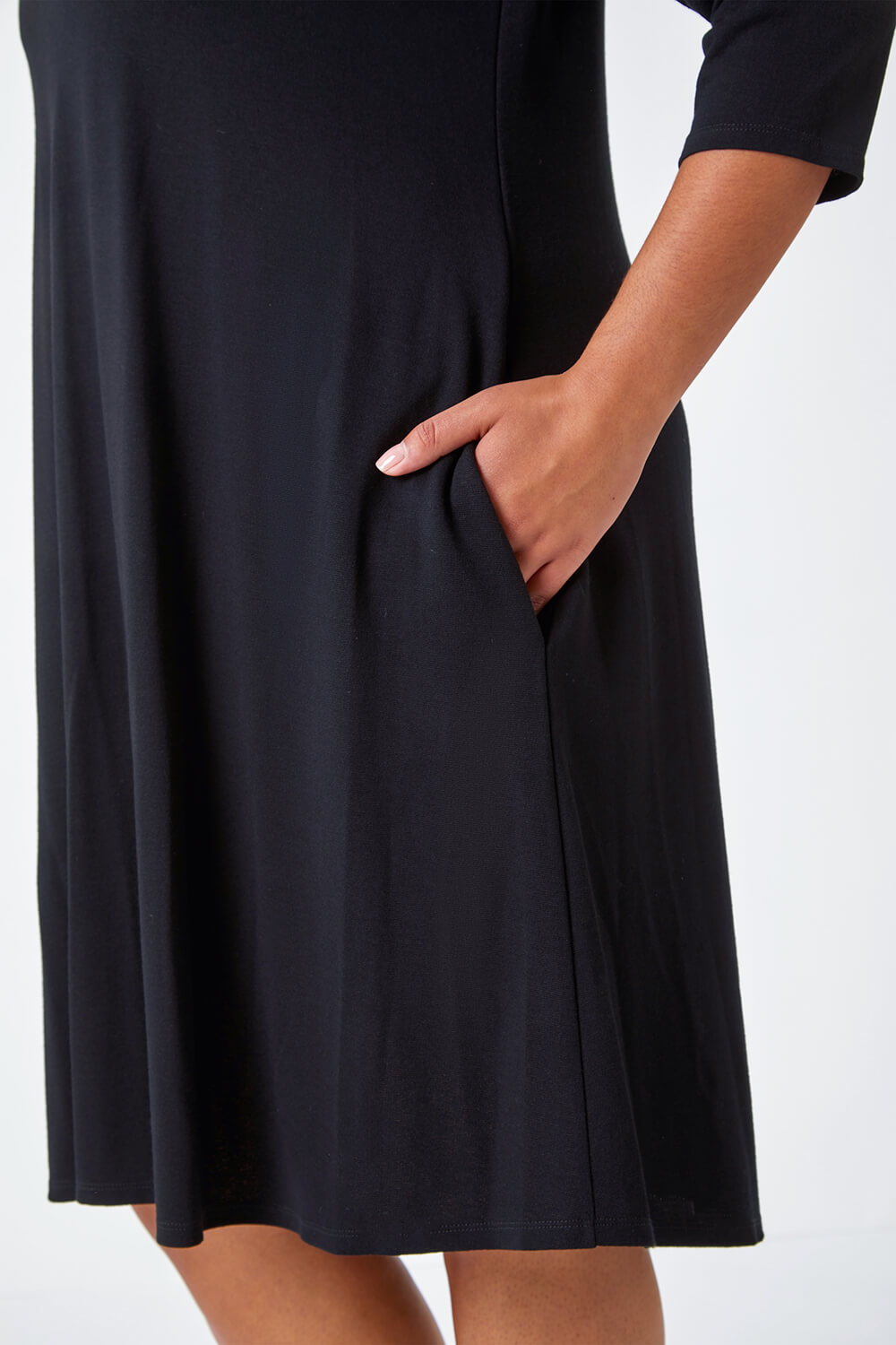 Black Curve Pocket Detail Swing Stretch Dress , Image 5 of 5
