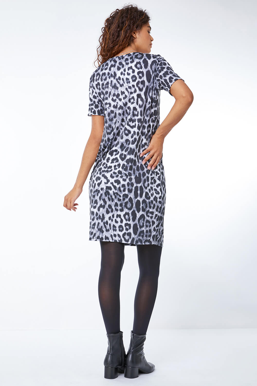 Grey Animal Leopard Print Stretch Dress, Image 3 of 5