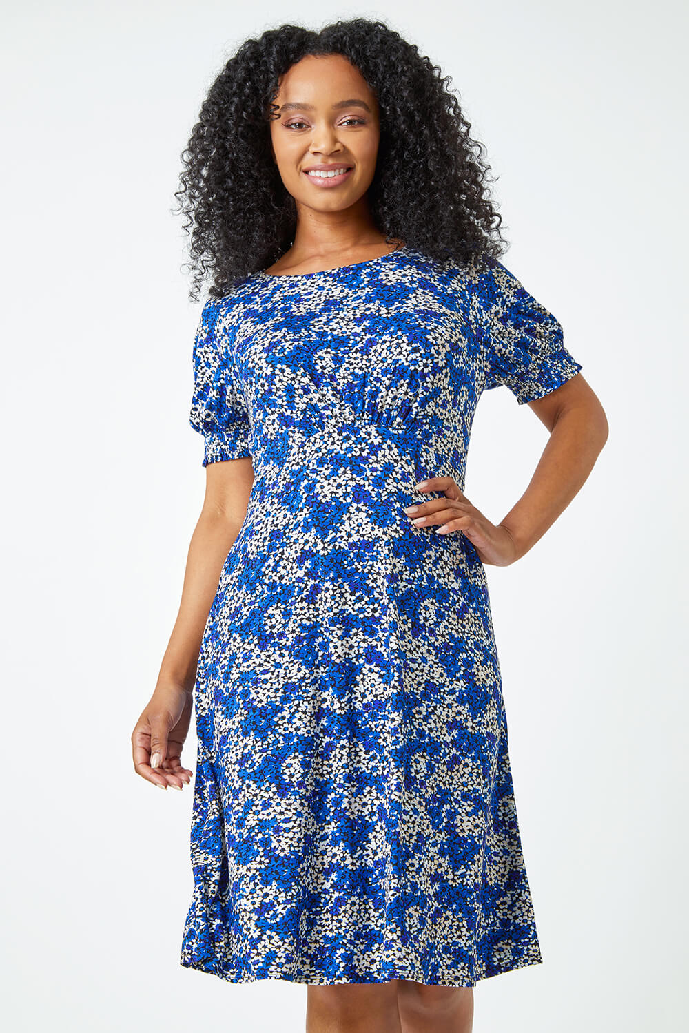 Petite Shirred Sleeve Floral Dress in Royal Blue | Roman UK