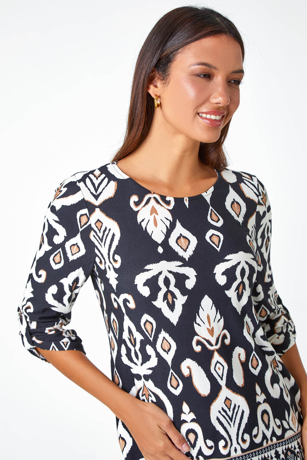 Neutral Aztec Border Print Tunic Stretch Top, Image 4 of 5