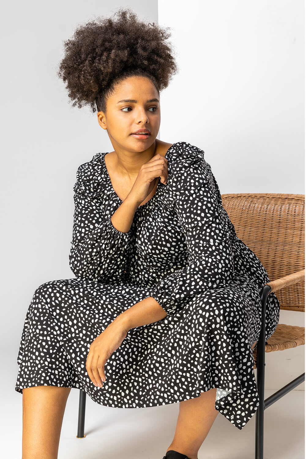 Black Curve Spot Print Midi Dress, Image 5 of 5