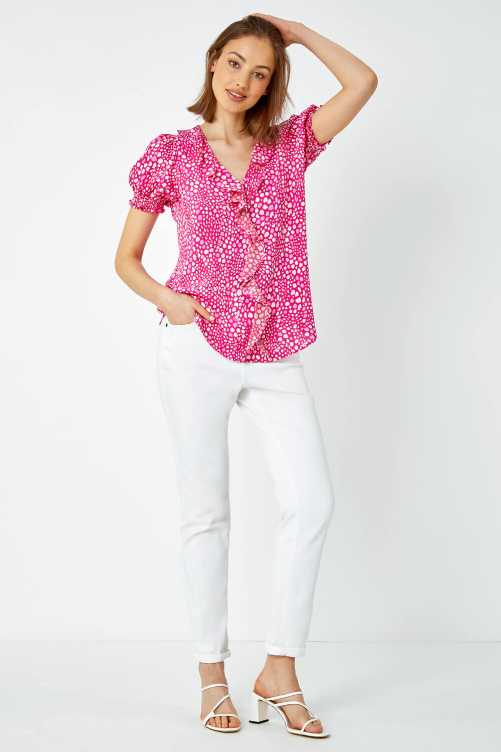 PINK Pebble Print Ruffle Front Blouse, Image 2 of 5