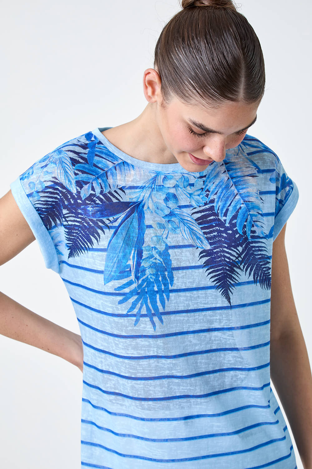 Blue Tropical Leaf Stripe Stretch T-Shirt, Image 4 of 5