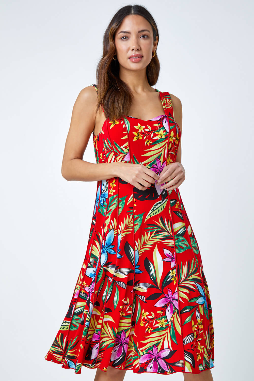 Red Sleeveless Floral Panel Stretch Dress , Image 4 of 5