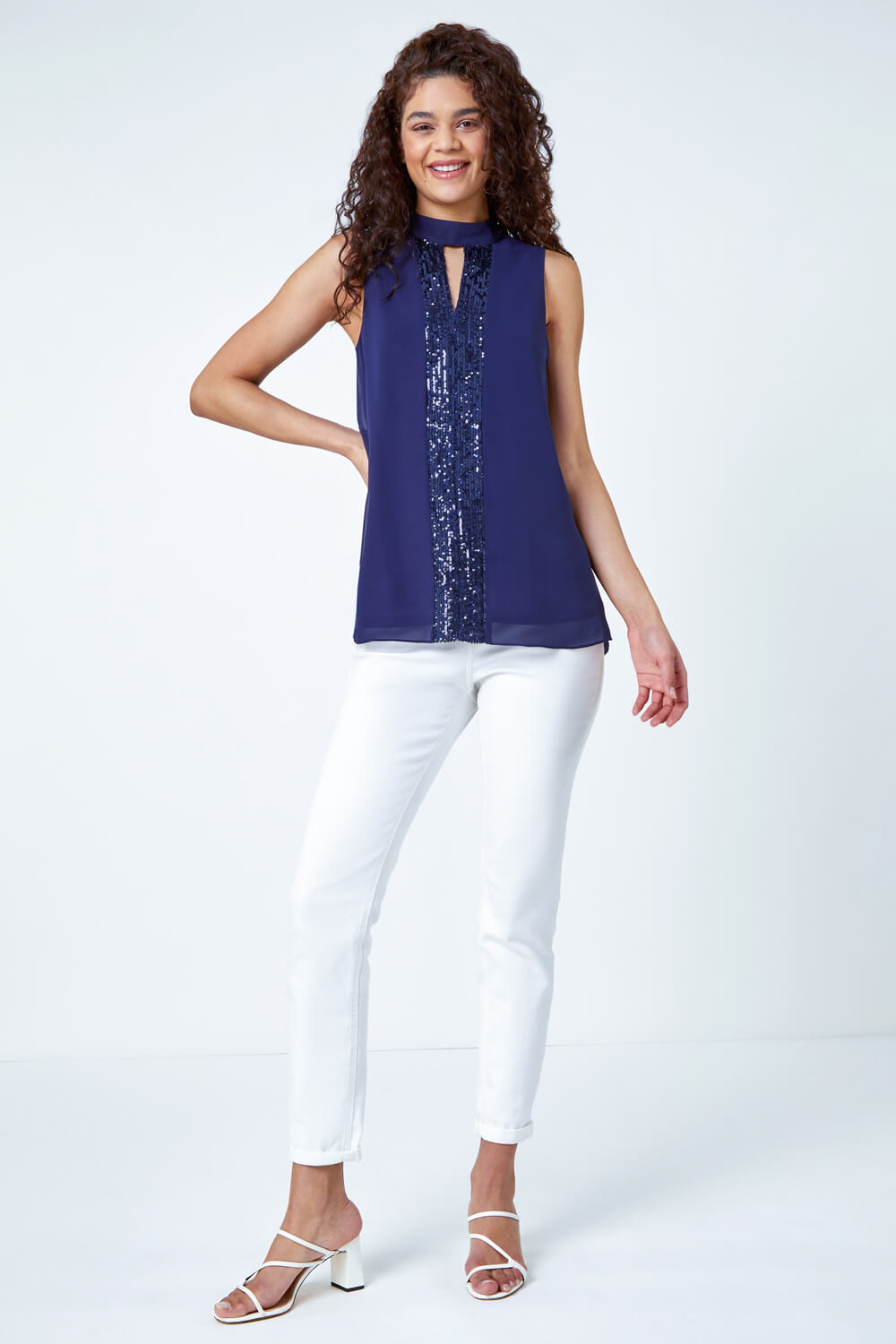Navy  Sleeveless High Neck Sequin Top , Image 4 of 5