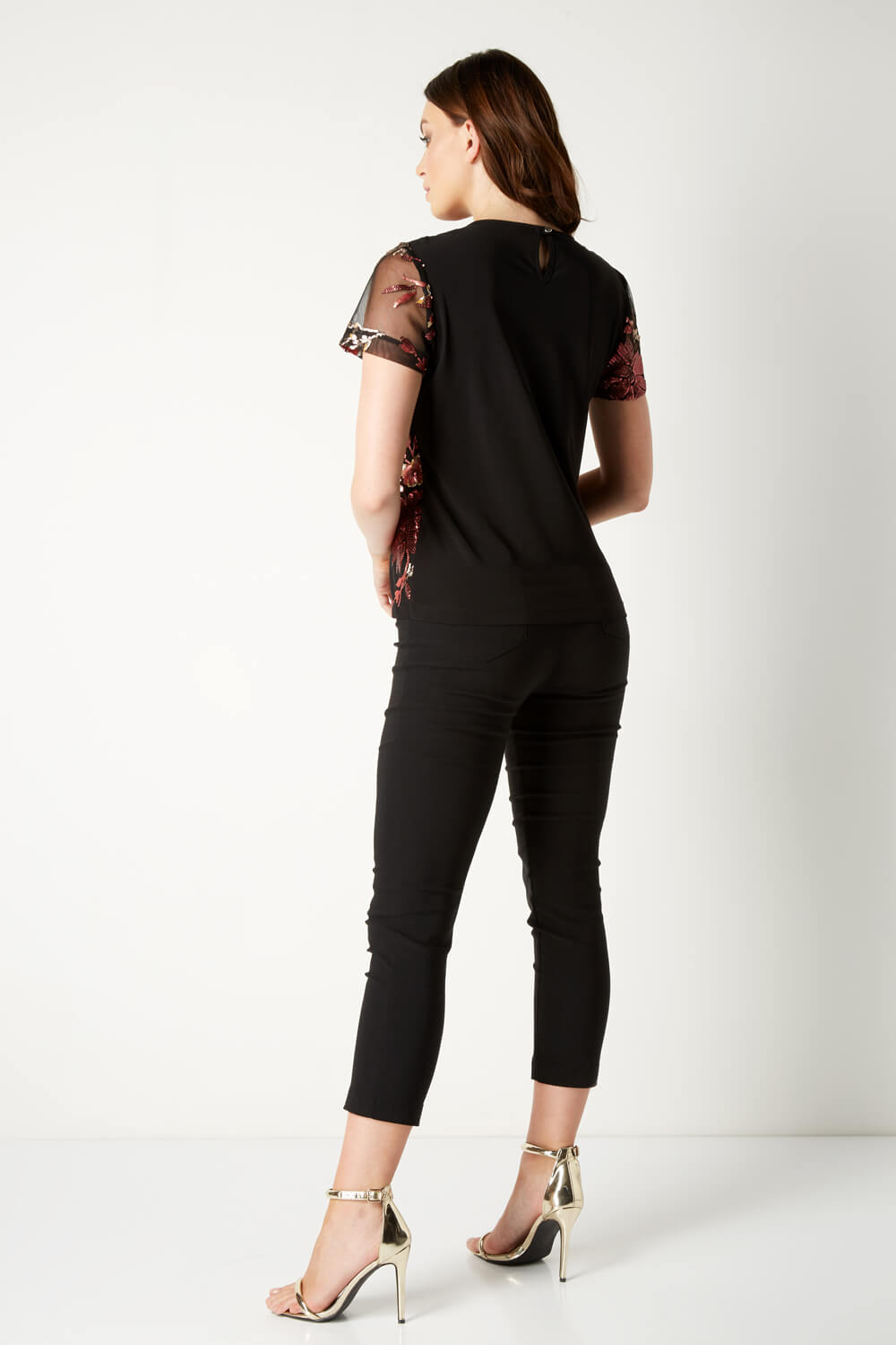 Black Floral Mesh Embroidered Top, Image 3 of 5