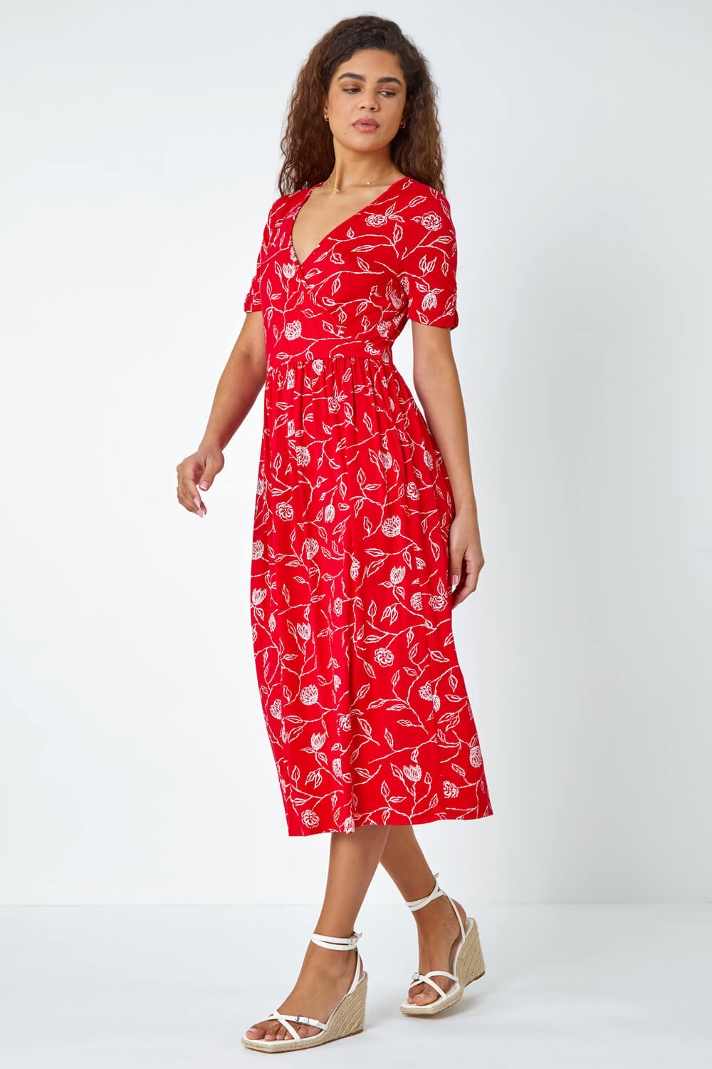 Red Floral Print Midi Wrap Stretch Dress, Image 2 of 5