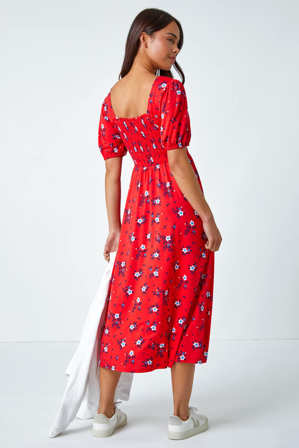 Red Petite Shirred Stretch Floral Midi Dress, Image 3 of 5