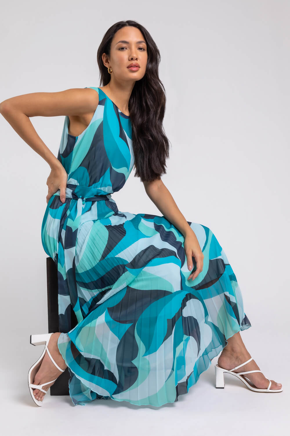 Turquoise Abstract Print Pleated Maxi Dress, Image 1 of 5