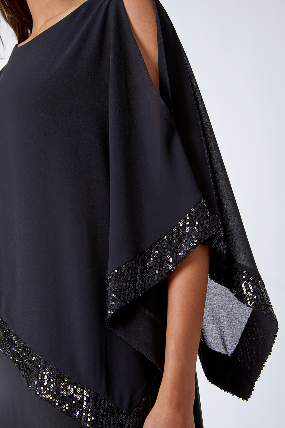 Black Sequin Trim Asymmetric Chiffon Overlay Dress, Image 5 of 5
