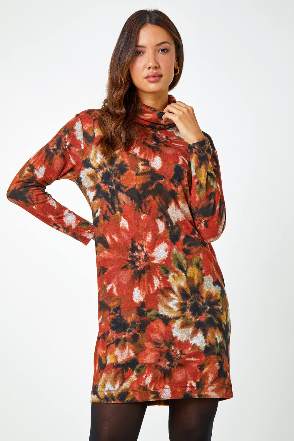 Rust Floral Tie Dye Print Tunic Stretch Dress, Image 2 of 5