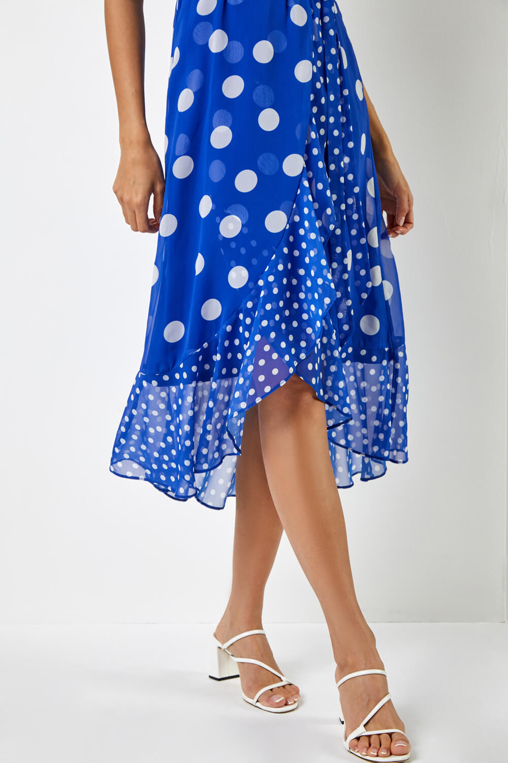 Royal Blue Polka Dot Frill Detail Wrap Dress, Image 5 of 5