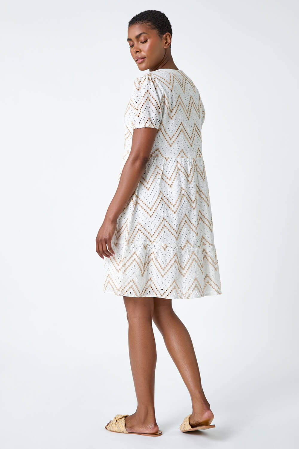 Cream  Zig-Zag Embroidered Cotton Tunic Dress, Image 3 of 5