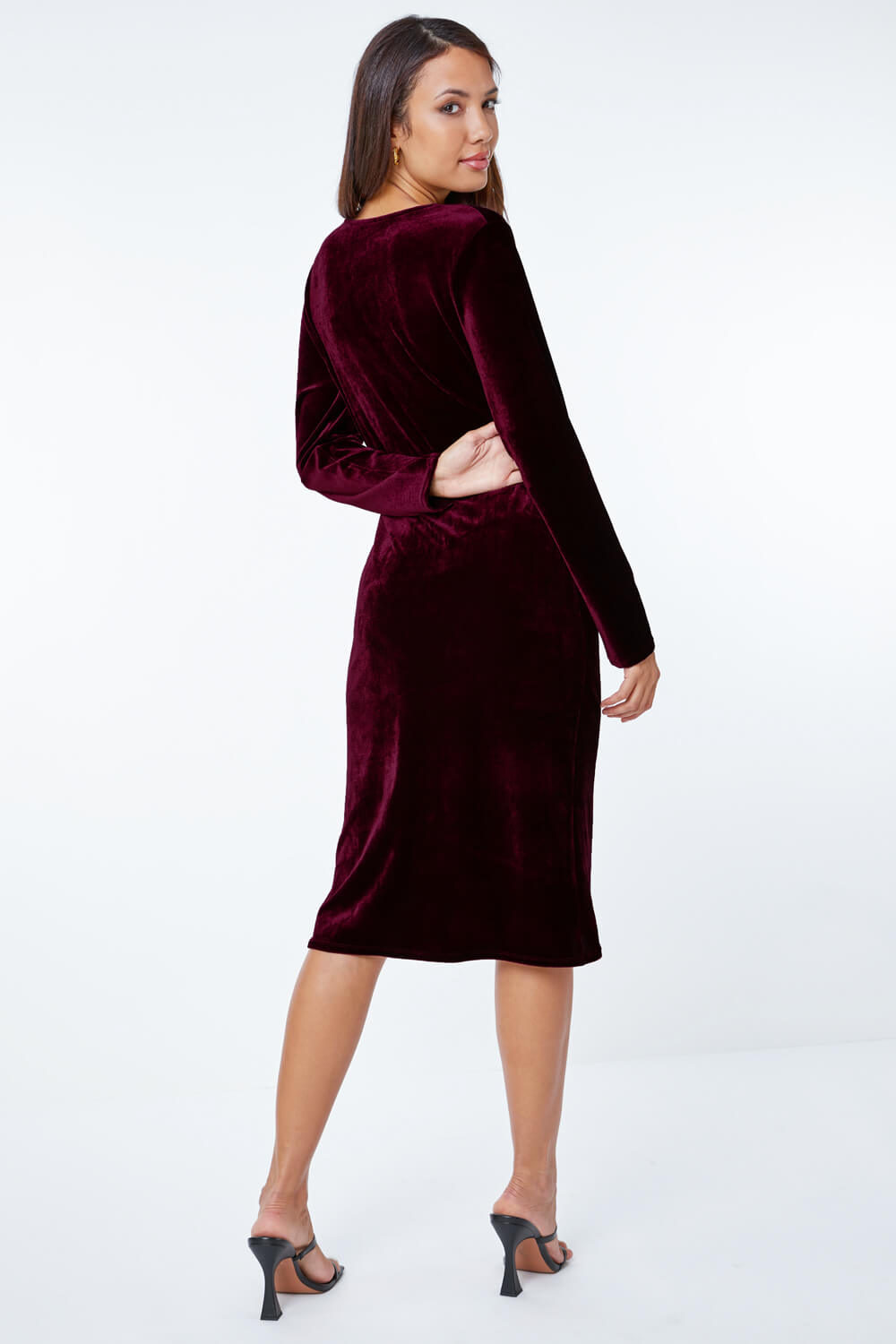 Stretch Velvet Midi Wrap Dress in Wine - Roman Originals UK