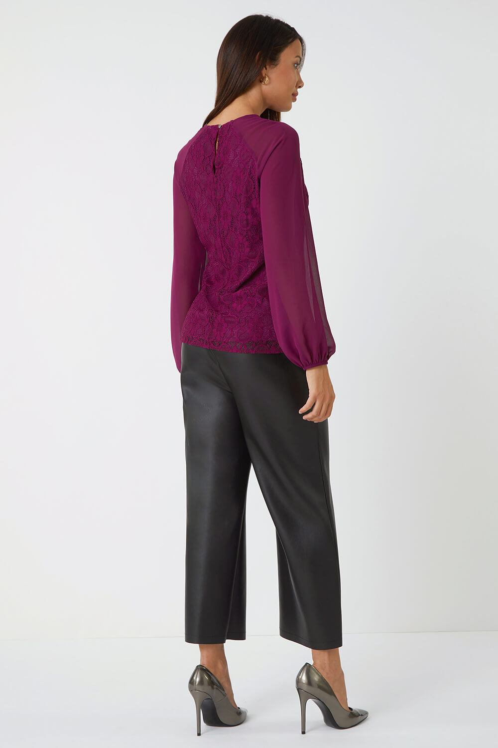 Purple Lace Detail Chiffon Sleeve Stretch Top, Image 3 of 5