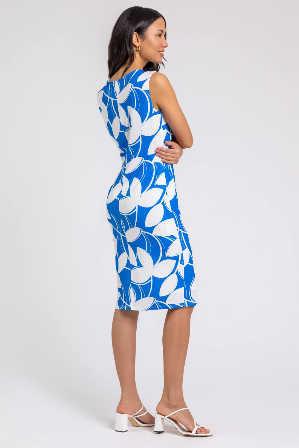 Royal Blue Leaf Print Twist Detail Shift Dress, Image 2 of 4